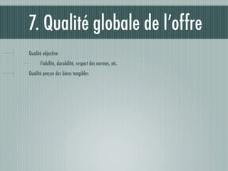 7. Qualité globale de l’offre
Qualité objective
      Fiabilité, durabilité, respect des normes, etc.
Qualité perçue des biens tangibles
 