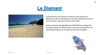 Le Diamant
Le Diamant est une commune située au sud-ouest de la
Martinique. Elle est bordée par la mer des Caraïbes et tire son
nom du rocher éponyme situé en face d’elle.
Cette commune très agréable de 6 200 habitants regorge de
nombreux trésors et lieux à visiter. Je vous en présenterai 3 et
vous laisserai découvrir le reste lors de votre escapade.

29/12/2013

Sarah Linus

2

 