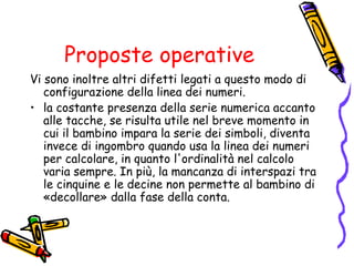 Proposte operative
Vi sono inoltre altri difetti legati a questo modo di
configurazione della linea dei numeri.
• la costante presenza della serie numerica accanto
alle tacche, se risulta utile nel breve momento in
cui il bambino impara la serie dei simboli, diventa
invece di ingombro quando usa la linea dei numeri
per calcolare, in quanto l'ordinalità nel calcolo
varia sempre. In più, la mancanza di interspazi tra
le cinquine e le decine non permette al bambino di
«decollare» dalla fase della conta.

 