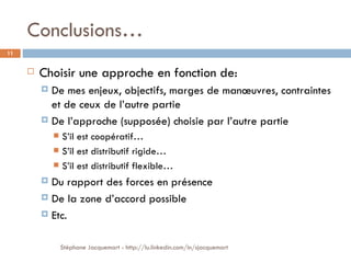 Conclusions… Choisir une approche en fonction de: De mes enjeux, objectifs, marges de manœuvres, contraintes et de ceux de l’autre partie De l’approche (supposée) choisie par l’autre partie S’il est coopératif… S’il est distributif rigide… S’il est distributif flexible… Du rapport des forces en présence De la zone d’accord possible Etc.  Stéphane Jacquemart - http://lu.linkedin.com/in/sjacquemart 