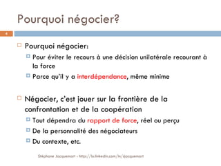 Pourquoi négocier? Pourquoi négocier: Pour éviter le recours à une décision unilatérale recourant à la force Parce qu’il y a  interdépendance , même minime Négocier, c’est jouer sur la frontière de la confrontation et de la coopération Tout dépendra du  rapport de force , réel ou perçu De la personnalité des négociateurs Du contexte, etc. Stéphane Jacquemart - http://lu.linkedin.com/in/sjacquemart 