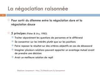 La négociation raisonnée Pour sortir du dilemme entre la négociation dure et la négociation douce 5 principes  (Fisher & Ury, 1982) Traiter séparément les questions de personnes et le différend Se concentrer sur les intérêts plutôt que sur les positions Faire reposer le résultat sur des critères objectifs en cas de désaccord Imaginer plusieurs solutions pouvant apporter un avantage mutuel avant de prendre une décision Avoir un meilleure solution de repli  Stéphane Jacquemart - http://lu.linkedin.com/in/sjacquemart 