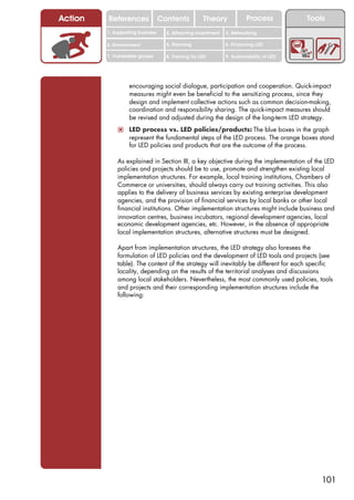 Action   References               Contents           Theory             Process           Tools
         1. Supporting business     2. Attracting investment   3. Networking

         4. Environment             5. Planning                6. Financing LED

         7. Vulnerable groups       8. Training for LED        9. Sustainability of LED




                  encouraging social dialogue, participation and cooperation. Quick-impact
                  measures might even be beneficial to the sensitizing process, since they
                  design and implement collective actions such as common decision-making,
                  coordination and responsibility sharing. The quick-impact measures should
                  be revised and adjusted during the design of the long-term LED strategy.
             ! LED process vs. LED policies/products: The blue boxes in the graph
                  represent the fundamental steps of the LED process. The orange boxes stand
                  for LED policies and products that are the outcome of the process.

             As explained in Section III, a key objective during the implementation of the LED
             policies and projects should be to use, promote and strengthen existing local
             implementation structures. For example, local training institutions, Chambers of
             Commerce or universities, should always carry out training activities. This also
             applies to the delivery of business services by existing enterprise development
             agencies, and the provision of financial services by local banks or other local
             financial institutions. Other implementation structures might include business and
             innovation centres, business incubators, regional development agencies, local
             economic development agencies, etc. However, in the absence of appropriate
             local implementation structures, alternative structures must be designed.

             Apart from implementation structures, the LED strategy also foresees the
             formulation of LED policies and the development of LED tools and projects (see
             table). The content of the strategy will inevitably be different for each specific
             locality, depending on the results of the territorial analyses and discussions
             among local stakeholders. Nevertheless, the most commonly used policies, tools
             and projects and their corresponding implementation structures include the
             following:




                                                                                              101
 