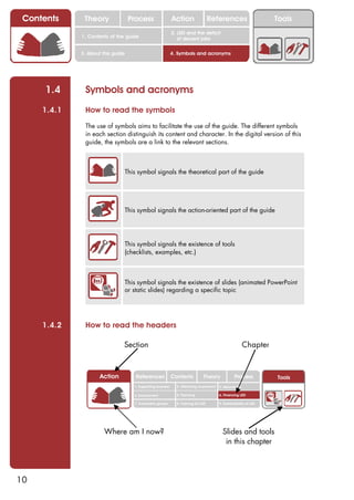 Contents     Theory               Process                   Action                  References                      Tools
                                                             2. LED and the deficit
             1. Contents of the guide                           of decent jobs


             3. About this guide                             4. Symbols and acronyms




      1.4     Symbols and acronyms
     1.4.1    How to read the symbols

              The use of symbols aims to facilitate the use of the guide. The different symbols
              in each section distinguish its content and character. In the digital version of this
              guide, the symbols are a link to the relevant sections.



                               This symbol signals the theoretical part of the guide




                               This symbol signals the action-oriented part of the guide




                               This symbol signals the existence of tools
                               (checklists, examples, etc.)



                               This symbol signals the existence of slides (animated PowerPoint
                               or static slides) regarding a specific topic




     1.4.2    How to read the headers

                               Section                                                                    Chapter



                     Action          References              Contents           Theory              Process          Tools
                                    1. Supporting business     2. Attracting investment   3. Networking

                                    4. Environment             5. Planning                6. Financing LED

                                    7. Vulnerable groups       8. Training for LED        9. Sustainability of LED




                       Where am I now?                                                      Slides and tools
                                                                                             in this chapter




10
 
