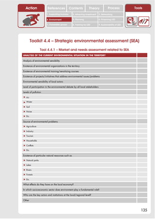 Action                 References              Contents            Theory             Process           Tools
                        1. Supporting business      2. Attracting investment   3. Networking

                        4. Environment              5. Planning                6. Financing LED

                        7. Vulnerable groups        8. Training for LED        9. Sustainability of LED




         Toolkit 4.4 – Strategic environmental assessment (SEA)
                  Tool 4.4.1 – Market and needs assessment related to SEA
ANALYSIS OF THE CURRENT ENVIRONMENTAL SITUATION IN THE TERRITORY

Analysis of environmental sensibility

Existence of environmental organizations in the territory

Existence of environmental training/sensitizing courses

Existence of projects/initiatives that address environmental issues/problems

Environmental sensibility of local actors

Level of participation in the environmental debate by all local stakeholders

Levels of pollution

! Air

! Water

! Soil

! Noise

! Etc.

Source of environmental problems

! Agriculture

! Industry

! Tourism

! Households

! Conflicts

! Etc.

Existence of particular natural resources such as

! Natural parks

! Lakes

! Rivers

! Forests

! Etc.

What effects do they have on the local economy?

In which socio-economic sector does environment play a fundamental role?

Who are the key actors and institutions at the local/regional level?

Other



                                                                                                              135
 