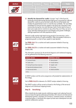 Action       References               Contents           Theory             Process           Tools
             1. Supporting business     2. Attracting investment   3. Networking

             4. Environment             5. Planning                6. Financing LED

             7. Vulnerable groups       8. Training for LED        9. Sustainability of LED




                 ! Identify the demand for credit: A proper “map” of the financial
                      landscape should demonstrate that the target group concerned has sufficient
                      demand for credit at a price that both covers the cost of the lender and
                      enables the (potential) borrower to invest the loan profitably. The most likely
                      candidates for financial services appear to be those who remained in their
                      communities during the crisis and returnees, both of whom tend to have at
                      least some assets and an incentive to stay where they are if they can earn a
                      living. Internally displaced persons and refugees pose greater challenges,
                      although experience with both populations exists.

                 Demand usually reaches high levels during periods of reconstruction, and is
                 responsive to the stimulus of credit availability. Often the greatest hindrance to
                 programme growth is a lack of loan capital to meet demand.

                 See TOOL 4.6.1 for a market and needs assessment related to financing
                 (demand side).

Tool 4.6.1
                 See TOOL 4.6.2 for a market and needs assessment related to financing
Tool 4.6.2       (supply side).

                 The information necessary for the territorial diagnosis and institutional mapping
                 can be gathered from the following resources:

                  FORMAL SECTOR                                      INFORMAL SECTOR

                   ! Commercial banks                                ! Money lenders

                   ! Credit unions                                   ! Friends/relatives

                   ! Leasing/hire-purchase companies                 ! Supplier credit

                   ! (Agricultural) development banks                ! Pawn shops

                   ! (International) NGOs                            ! ROSCAs/ASCRAs

                   ! Etc.



                 A SWOT analysis and the action programme will precede the implementation of
                 the strategy.

                 Ver la TOOL 4.6.3 for elements of a SWOT analysis related to financing.
Tool 4.6.3
                 The SWOT analysis will be carried out based on the findings of the territorial
                 diagnosis and institutional mapping process.

                 Step 2:        Sensitizing

                 Efforts should also be made towards mobilizing support and widening financial
                 resource bases through broad-based partnerships with national and international
                 development partners. Chambers of Commerce, investment centres, foundations,
                 corporate bodies or individuals that support private sector development are also
                 potential collaboration partners.

                                                                                                  153
 