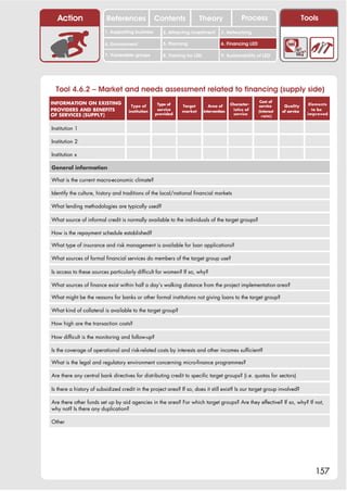 Action                 References              Contents             Theory                  Process                          Tools
                         1. Supporting business      2. Attracting investment       3. Networking

                         4. Environment              5. Planning                    6. Financing LED

                         7. Vulnerable groups        8. Training for LED            9. Sustainability of LED




  Tool 4.6.2 – Market and needs assessment related to financing (supply side)
INFORMATION ON EXISTING                                                                                 Cost of
                                     Type of       Type of    Target          Area of     Character-   service      Quality       Elements
PROVIDERS AND BENEFITS              institution    service    market       intervention    istics of   (interest   of service       to be
OF SERVICES (SUPPLY)                              provided                                 service                               improved
                                                                                                         rate)


Institution 1

Institution 2

Institution x

General information

What is the current macro-economic climate?

Identify the culture, history and traditions of the local/national financial markets

What lending methodologies are typically used?

What source of informal credit is normally available to the individuals of the target groups?

How is the repayment schedule established?

What type of insurance and risk management is available for loan applications?

What sources of formal financial services do members of the target group use?

Is access to these sources particularly difficult for women? If so, why?

What sources of finance exist within half a day’s walking distance from the project implementation area?

What might be the reasons for banks or other formal institutions not giving loans to the target group?

What kind of collateral is available to the target group?

How high are the transaction costs?

How difficult is the monitoring and follow-up?

Is the coverage of operational and risk-related costs by interests and other incomes sufficient?

What is the legal and regulatory environment concerning micro-finance programmes?

Are there any central bank directives for distributing credit to specific target groups? (i.e. quotas for sectors)

Is there a history of subsidized credit in the project area? If so, does it still exist? Is our target group involved?

Are there other funds set up by aid agencies in the area? For which target groups? Are they effective? If so, why? If not,
why not? Is there any duplication?

Other




                                                                                                                                    157
 