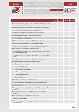 Action                 References               Contents              Theory                 Process                      Tools
                            1. Supporting business      2. Attracting investment         3. Networking

                            4. Environment              5. Planning                      6. Financing LED

                            7. Vulnerable groups        8. Training for LED              9. Sustainability of LED




                                                                                                Not          Not
                                                                                                                        Weak    Satisfactory
                                                                                             relevant    satisfactory

! The role of financial intermediation in the overall organizational strategy is clear
  and in coherence with other activities

! The financial services division/unit has its own annual mid- and long-term plan

! Financial projections and plans are made on a regular basis

! The financial service division/unit has its own fund accounting plan

! Targets are regularly reviewed and revised when necessary

5.    Financial policies and procedures

! Policies and procedures have been established for financial services

! Policies for financial intermediation are transparent and complete

! Target group and eligibility criteria are determined for each financial service

! Loan conditions are determined for each financial service

! The organization has an explicit policy for the remuneration of financial services
  and programme sustainability

! The organization has an explicit policy regarding loan restructuring and legal
  action

! The organization has a clear agreement (policy) for calling on guarantees

! Adequate procedures are defined for the following areas:

     " Client screening and selection;

     " Loan appraisal and approval;

     " Loan disbursement and repayment;

     " Follow-up on problem loans;

     " Calling on guarantees; and

     " Guarantee payments.

! Procedures are contained in a user-friendly manual

! A special independent committee approves loan/guarantee applications

6.    Financial situation

! The organization has at its disposal the necessary funds for the guarantee fund
  programme

! The organization has access to outside funding sources required for the
  programme

! The organization has at its disposal hard currency funds

! Liquidity of the guarantee fund

! Solvability of the guarantee fund programme in relation to the overall (activities of
  the) organization




                                                                                                                                    179
 