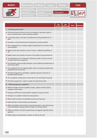Action                   References              Contents               Theory                Process                     Tools
                            1. Supporting business        2. Attracting investment      3. Networking

                            4. Environment                5. Planning                   6. Financing LED

                            7. Vulnerable groups          8. Training for LED           9. Sustainability of LED




                                                                                               Not          Not
                                                                                                                       Weak    Satisfactory
                                                                                            relevant    satisfactory


 7. Monitoring and control

 ! The financial service division/unit has at its disposal an information system to
   monitor individual loans and the overall loan portfolio

 ! A monitoring system on the status and performance of the guarantee fund is in
   place

 ! Information on loan disbursements and repayments is easily accessible

 ! The management has at its disposal regular (monthly) reports on the status of the
   finance portfolio

 ! Reports contain clear indicators on loans in arrears, in default and portfolios at
   risk

 ! Regular reports are provided on the status of and calling on the guarantee fund

 ! The organization has at its disposal an information system to monitor costs and
   revenues of the finance programme

 ! The information system provides information on the workload and performance of
   each finance officer

 ! The management has at its disposal regular reports on programme performance,
   programme costs and revenues

 ! The level of programme sustainability is regularly measured on the basis of
   (pre-determined) indicators

 ! The management provides (semi-) annual reports to the board/governing body

 ! The finance programme is subject to regular (annual) external audits

 8. Staff (management) capabilities

 ! Relevant managers have the capability to design, update and refine policies,
   strategies and procedures

 ! Programme staff have the required skills to implement necessary activities

 ! Managers are capable of making financial projections

 ! Relevant staff are familiar with (portfolio) monitoring and reporting

 ! Staff are familiar with bank policies and procedures

 ! Officers are familiar with the tools to screen business plans on their technical and
   financial feasibility (including cash flow analysis and market analysis)

 ! Officers are familiar with tools to assess business management capacities of loan
   applicants

 ! Staff are able to provide pre-loan orientation on (the use of) credit




180
 