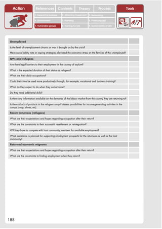 Action                 References              Contents           Theory              Process                  Tools
                         1. Supporting business     2. Attracting investment   3. Networking

                         4. Environment             5. Planning                6. Financing LED

                         7. Vulnerable groups       8. Training for LED        9. Sustainability of LED




 Unemployed

 Is the level of unemployment chronic or was it brought on by the crisis?

 Have social safety nets or coping strategies alleviated the economic stress on the families of the unemployed?

 IDPs and refugees

 Are there legal barriers to their employment in the country of asylum?

 What is the expected duration of their status as refugees?

 What are their daily occupations?

 Could their time be used more productively through, for example, vocational and business training?

 What do they expect to do when they come home?

 Do they need additional skills?

 Is there any information available on the demands of the labour market from the country they are returning to?

 Is there a lack of products in the refugee camps? Assess possibilities for income-generating activities in the
 camps (soap, shoes, etc)

 Recent returnees (refugees)

 What are their expectations and hopes regarding occupation after their return?

 What are the constraints to their successful resettlement or reintegration?

 Will they have to compete with host community members for available employment?

 What assistance is planned for supporting employment prospects for the returnees as well as the host
 community?

 Returned economic migrants

 What are their expectations and hopes regarding occupation after their return?

 What are the constraints to finding employment when they return?




188
 