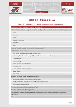 Action                   References              Contents               Theory               Process             Tools
                          1. Supporting business       2. Attracting investment       3. Networking

                          4. Environment               5. Planning                    6. Financing LED

                          7. Vulnerable groups         8. Training for LED            9. Sustainability of LED




                                     Toolkit 4.8 – Training for LED
                 Tool 4.8.1 – Market and needs assessment related to training
MARKET AND NEEDS ASSESSMENT RELATED TO TRAINING

A list of existing institutions and organizations, etc. currently providing vocational education and skills training

! Schools

! Universities

! NGOs

! Chambers of Commerce

! Associations

! Other

Resources available (financial and human) within these institutions

A list of training services provided

! Youth training. Which skills? Duration of the courses (in hours)

! Initial training for adults and young people. Which skills? Duration of the courses (in hours)

! Continuous training

! In-service training

! Special courses for specific target groups

! Training of trainers

! Support on training material development

! Business training

! Other services

Quality of the courses, judged on the following criteria:

! D the courses correspond to (local) labour market requirements?
   o

! Does the institution have links to businesses where they “place” former students?

! Is the programme offered innovative?

The current beneficiaries of the courses/training held

Condition and availability of training facilities

The existence of synergies/cooperation between training institutions and local businesses and/or employment
agencies, etc.

Other




                                                                                                                       197
 