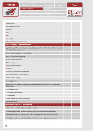 Process                         Action          References          Contents              Theory   Tools
                                                                        2. DEL y el déficit de
                               1. 1. Índice diagnosis
                                  Territorial                        2. Sensitizing decente
                                                                           trabajo

                               3. Promoting a local/regional forum   4. Designing the LED strategy

                                               5. Coordinating implementation structures




 ! Natural parks

 ! Cultural/historical sites

 ! Climate

 ! Sea

 ! Rivers

 ! Fauna/Flora

 ! Raw material and mineral resources

LEGAL AND REGULATORY FRAMEWORK

 Legal framework for decentralization regarding incentives/funds/mechanisms for investments
 in social and economic sector

 County and municipal laws and regulations

 Special promotional framework

 ! Small and micro-enterprises

 ! Farm development

 ! Agricultural development

 ! Tourism

 ! Industrial or other sectoral development

 ! Investment attraction/place marketing

 ! Other relevant categories

 Banking legislation

 Legislation for the creation, financing and administration of associations and professional
 organizations

 ! Civil society entities

 ! Entrepreneurial associations

 ! Cooperatives

 ! Other relevant associations/organizations

 Register legislation

INSTITUTIONAL/POLITICAL INFORMATION

 Administrative boundaries (represented in a map)

 Local and decentralized institutions dealing with social and economic development

 Detailed composition of municipal structures, including human and physical resources

 Detailed composition of decentralized county structures supporting local government




46
 
