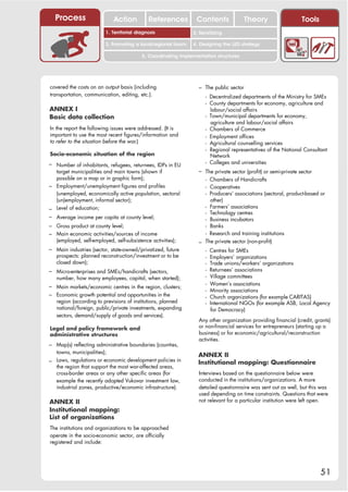 Process                    Action          References         Contents              Theory                    Tools
                                                                  2. DEL y el déficit de
                         1. 1. Índice diagnosis
                            Territorial                        2. Sensitizing decente
                                                                     trabajo
                         3. Promoting a local/regional forum   4. Designing the LED strategy

                                          5. Coordinating implementation structures




covered the costs on an output basis (including                  – The public sector
transportation, communication, editing, etc.).                   – - Decentralized departments of the Ministry for SMEs
                                                                    - County departments for economy, agriculture and
ANNEX I                                                               labour/social affairs
Basic data collection                                               - Town/municipal departments for economy,
                                                                      agriculture and labour/social affairs
In the report the following issues were addressed. (It is           - Chambers of Commerce
important to use the most recent figures/information and            - Employment offices
to refer to the situation before the war.)                          - Agricultural counselling services
                                                                    - Regional representatives of the National Consultant
Socio-economic situation of the region                                Network
– Number of inhabitants, refugees, returnees, IDPs in EU            - Colleges and universities
  target municipalities and main towns (shown if                 – The private sector (profit) or semi-private sector
  possible on a map or in graphic form);                         – - Chambers of Handicrafts
– Employment/unemployment figures and profiles                     - Cooperatives
  (unemployed, economically active population, sectoral            - Producers’ associations (sectoral, product-based or
  (un)employment, informal sector);                                  other)
– Level of education;                                              - Farmers’ associations
                                                                   - Technology centres
– Average income per capita at county level;                       - Business incubators
– Gross product at county level;                                   - Banks
– Main economic activities/sources of income                       - Research and training institutions
   (employed, self-employed, self-subsistence activities);       – The private sector (non-profit)
– Main industries (sector, state-owned/privatized, future        – - Centres for SMEs
   prospects: planned reconstruction/investment or to be            -   Employers’ organizations
   closed down);                                                    -   Trade unions/workers’ organizations
– Micro-enterprises and SMEs/handicrafts (sectors,                  -   Returnees’ associations
   number, how many employees, capital, when started);              -   Village committees
                                                                    -   Women’s associations
– Main markets/economic centres in the region, clusters;
                                                                    -   Minority associations
– Economic growth potential and opportunities in the                -   Church organizations (for example CARITAS)
   region (according to previsions of institutions, planned         -   International NGOs (for example ASB, Local Agency
   national/foreign, public/private investments, expanding              for Democracy)
   sectors, demand/supply of goods and services).
                                                                 Any other organization providing financial (credit, grants)
Legal and policy framework and                                   or non-financial services for entrepreneurs (starting up a
administrative structures                                        business) or for economic/agricultural/reconstruction
                                                                 activities.
– Map(s) reflecting administrative boundaries (counties,
  towns, municipalities);
                                                                 ANNEX II
– Laws, regulations or economic development policies in          Institutional mapping: Questionnaire
  the region that support the most war-affected areas,
  cross-border areas or any other specific areas (for            Interviews based on the questionnaire below were
  example the recently adopted Vukovar investment law,           conducted in the institutions/organizations. A more
  industrial zones, productive/economic infrastructure).         detailed questionnaire was sent out as well, but this was
                                                                 used depending on time constraints. Questions that were
ANNEX II                                                         not relevant for a particular institution were left open.
Institutional mapping:
List of organizations
The institutions and organizations to be approached
operate in the socio-economic sector, are officially
registered and include:




                                                                                                                        51
 