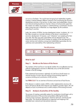 Process           Action                 References              Contents             Theory                               Tools
                                                                2. DEL y el déficit de
               1. 1. Índice diagnosis
                  Territorial                                2. Sensitizing decente
                                                                   trabajo
               3. Promoting a local/regional forum           4. Designing the LED strategy

                                 5. Coordinating implementation structures




                   can act as a facilitator. This would mean bringing local stakeholders together,
                   creating a network between different institutions and coordinating the economic
                   development activities in the territory. In other cases, local stakeholders, donors
                   and national and local politicians may be in favour of and provide support for
                   the creation of a LEDA, but progress in institutionalizing a coordination structure
                   takes a long time and is influenced, to a large degree, by the conditions
                   prevailing in countries.

                   Lastly, the creation of LEDAs, business development centres, incubators, etc. is in
                   fact often misused as a concrete indication of the donor’s commitment to
                   economic development. If, however, such “milestones” are created just for their
                   own sake, then they soon lack sustainability and are destined to fail. The
                   bottom-up principle of LED (which foresees an analysis of the real demand for
                   certain services and institutions among local stakeholders) guarantees the true
                   usefulness and sustainability of the implementing institutions.


                                                                 The LED process


                                                                                                 5                     6
                                                                                                       Coordinating
                     1                     2                 3                4
                           Territorial                            Promoting       Designing a
                                               Sensitizing                                           implementation           Action
                           diagnosis                                a forum       LED strategy
                                                                                                          structures




       3.5.2       What to do?

                   Step 1:               Decide on the future of the forum

                   The members of the local forum must decide whether the crisis-affected area has
                   sufficient implementation structures to effectively carry out the LED activities
                   foreseen in the LED strategy.

                   If the institutional environment is relatively rich, the forum should remain an
                   informal structure. Its main role will continue to be providing support to
                   consensus building and coordination of LED activities.

                   See TOOL 3.5.1 for an overview of functions and services of local forums.

 Tool 3.5.1
                   If the decision is made to create a LEDA or other implementation structure, the
                   forum will have to decide what measures are needed to proceed. Again, this will
                   depend on local circumstances and a careful analysis of the existing structures.

                   Step 2:               Analysis of priorities of the locality

                   The process of creating sustainable systems for coordination should begin with a
                   detailed examination of the priorities and problems affecting the locality,
                   covering social, economic, educational, industrial, technical, commercial and
                   legal areas. This should be followed by an appraisal and mapping of all
                   available local, national and international resources.

                                                                                                                                   79
 