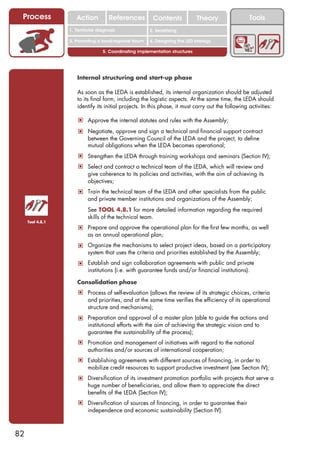 Process             Action          References          Contents              Theory             Tools
                                                           2. DEL y el déficit de
                  1. 1. Índice diagnosis
                     Territorial                        2. Sensitizing decente
                                                              trabajo

                  3. Promoting a local/regional forum   4. Designing the LED strategy

                                  5. Coordinating implementation structures




                     Internal structuring and start-up phase

                     As soon as the LEDA is established, its internal organization should be adjusted
                     to its final form, including the logistic aspects. At the same time, the LEDA should
                     identify its initial projects. In this phase, it must carry out the following activities:

                      ! Approve the internal statutes and rules with the Assembly;
                      ! Negotiate, approve and sign a technical and financial support contract
                          between the Governing Council of the LEDA and the project, to define
                          mutual obligations when the LEDA becomes operational;
                      ! Strengthen the LEDA through training workshops and seminars (Section IV);
                      ! Select and contract a technical team of the LEDA, which will review and
                          give coherence to its policies and activities, with the aim of achieving its
                          objectives;
                      ! Train the technical team of the LEDA and other specialists from the public
                          and private member institutions and organizations of the Assembly;
                      ! See TOOL 4.8.1 for more detailed information regarding the required
                          skills of the technical team.
     Tool 4.8.1
                      ! Prepare and approve the operational plan for the first few months, as well
                          as an annual operational plan;
                      ! Organize the mechanisms to select project ideas, based on a participatory
                          system that uses the criteria and priorities established by the Assembly;
                      ! Establish and sign collaboration agreements with public and private
                          institutions (i.e. with guarantee funds and/or financial institutions).

                     Consolidation phase
                      ! Process of self-evaluation (allows the review of its strategic choices, criteria
                          and priorities, and at the same time verifies the efficiency of its operational
                          structure and mechanisms);
                      ! Preparation and approval of a master plan (able to guide the actions and
                          institutional efforts with the aim of achieving the strategic vision and to
                          guarantee the sustainability of the process);
                      ! Promotion and management of initiatives with regard to the national
                          authorities and/or sources of international cooperation;
                      ! Establishing agreements with different sources of financing, in order to
                          mobilize credit resources to support productive investment (see Section IV);
                      ! Diversification of its investment promotion portfolio with projects that serve a
                          huge number of beneficiaries, and allow them to appreciate the direct
                          benefits of the LEDA (Section IV);
                      ! Diversification of sources of financing, in order to guarantee their
                          independence and economic sustainability (Section IV).



82
 