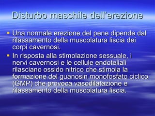 Disturbo maschile dell’erezione Una normale erezione del pene dipende dal rilassamento della muscolatura liscia dei corpi cavernosi. In risposta alla stimolazione sessuale, i nervi cavernosi e le cellule endoteliali rilasciano ossido nitrico che stimola la formazione del guanosin monofosfato ciclico (GMP) che provoca vasodilatazione e rilassamento della muscolatura liscia. 