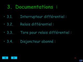 3. Documentations :
• 3.1.   Interrupteur différentiel :

• 3.2.   Relais différentiel :

• 3.3.   Tore pour relais différentiel :

• 3.4.   Disjoncteur abonné :



                                           10
 