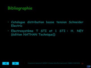 Bibliographie


• Catalogue distribution basse tension Schneider
  Electric
• Electrosystème T STI et 1 STI : H. NEY
  (édition NATHAN Technique))




          •   Conception et réalisation E. DUPONT Professeur Génie Électrique Lycée E. COMBES 17 800 PONS
                                                                                                            11
 