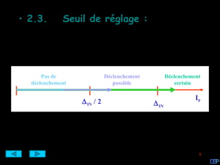 • 2.3.       Seuil de réglage :




      Pas de                 Déclenchement          Déclenchement
  déclenchement                 possible                certain

                                                               IF
                  ∆ IN / 2                   ∆ IN




                                                                8
 