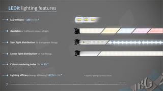 LED efficacy – 180 lm/W.*
Available in 5 different colours of light.
Spot light distribution for transparent fittings.
Linear light distribution for mat fittings.
7
LEDit lighting features
Colour rendering index CRI >= 85.*
Lighting efficacy (energy efficiency) 167,5 lm/W.* * Applies o lighting in primary colours.
 