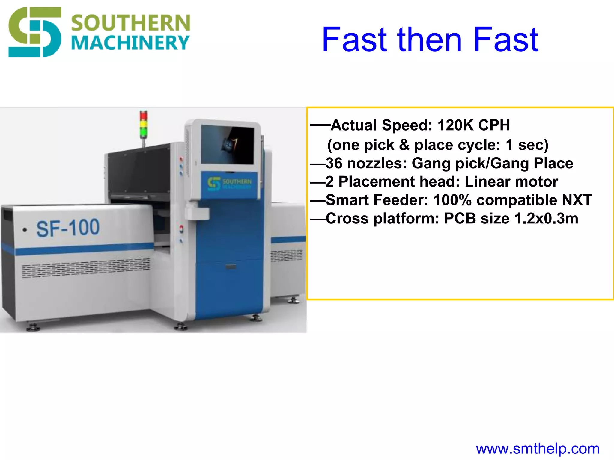 www.smthelp.com
Fast then Fast
—Actual Speed: 120K CPH
(one pick & place cycle: 1 sec)
—36 nozzles: Gang pick/Gang Place
—2 Placement head: Linear motor
—Smart Feeder: 100% compatible NXT
—Cross platform: PCB size 1.2x0.3m
 