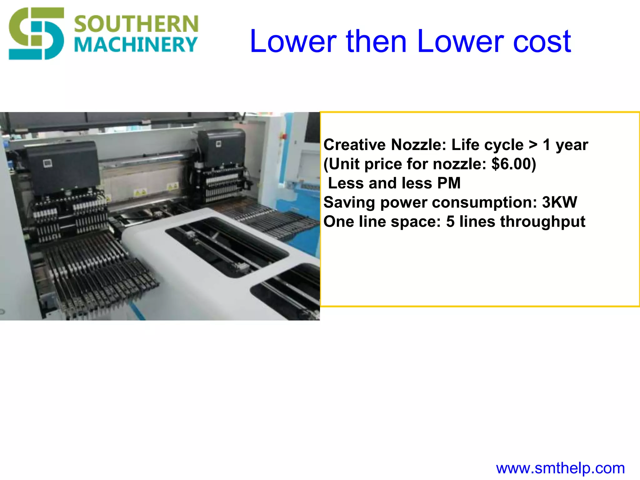 www.smthelp.com
Lower then Lower cost
Creative Nozzle: Life cycle > 1 year
(Unit price for nozzle: $6.00)
Less and less PM
Saving power consumption: 3KW
One line space: 5 lines throughput
 