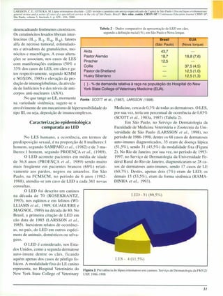 LARSSON, C. E.; OTSUKA, M. Lúpus eritematoso discóide - LED: revi ão e casuística em serviço especializado da Capital de São Paulo I Discoid lupus el}'lhemoIOSlls:
general review and a series of cases of a speciali~ed service in lhe city of São Paulo, Brazill Rev. educo contin. CRMV-SP I Cominuous Educalion }oumal CRMV-SP,
São Paulo, volume 3, fascículo I, p. 029 - 036, 2000.



de encadeando fenômeno citotóxicos.                  Tabela 2 - Dados comparativo da apresentação de LED em cães,
                                                       segundo a definição racial (%), em São Paulo e ova Iorque.
Os ceratinócitos lesados liberam inter-
leucinas (IL I , IL3 , IL6, IL S)' fatores                                                      Brasil              EUA
alfa de necro e tumoral, estimulado-                                                         (São Paulo)       (Nova Iorque)
res e ativadores de granulócitos, mo-
                                           Akita                                                 43,7                -
nócitos e macrófago . A essa altera-
                                           Pastor Alemão                                         18,7             18,8 (7,6)
çõe se as ociam, nos ca os de LES
                                           Pinscher                                              12,5                -
com manifestações cutâneas (50% e
                                           Collie                                                 -               37,5 (4,5)
33% dos casos de LES, em cães e ga-
                                           Pastor de Shetland                                     -               12,5 (1,0)
tos respectivamente, segundo KIMM
                                           Husky Siberiano                                        -               12,5 (1,3)
e NOXON, 1985) e elevação da pro-
dução de imunoglobulinas, da ativida-      ( ) - % de demanda relativa à raça na população do Hospital do New
de de linfócitos b e dos níveis de anti-   York State College of Veterinary Medicine (EUA).
corpos anti-nucleares (ANA).
       No que tange ao LE, mormente Fonte: SCOTT et ai., (1987), LARSSON (1998).
na variedade sistêmica, sugere-se o
envolvimento de um mecanismo de hipersensibilidade do          Medicine, cerca de 0,3% de todas as dermatoses. O LES,
tipo m, ou eja, deposição de imunocomplexos.                   por sua vez, teria um percentual de ocorrência de 0,03%
                                                               (SCOTT et al., 1983a, 1987) (Tabela 2).
          Caracterização epidemiológica                               Em São Paulo, no Serviço de Dermatologia da
                   comparada ao lED                            Faculdade de Medicina Veterinária e Zootecnia da Uni-
                                                               versidade de São Paulo (LARSSON et ai., 1998), no
       No LES humano, a ocorrência, em termos de               período de 1986-1998, dentre os 68 casos de dermato es
predisposição sexual, é na proporção de 8 mulheres: 1          auto-imunes diagno ticados, 35 eram de doença lúpica
homem, segundo SAMPAIO et al., (1982) e de 3 mu-               (51,5%), sendo 31 (45,5%) da modalidade fixa (Figura
lheres: 1 homem, segundo PROENÇA et al., (1989).               2). No Rio de Janeiro, por sua vez, no período de 1993-
       O LED acomete pacientes em média de idade                1997, no Serviço de Dermatologia da Universidade Fe-
de 36,8 anos (PROENÇA et al., 1989) sendo muito                deral Rural do Rio de Janeiro, diagnosticaram-se 28 ca-
mais freqüente em pacientes brancos (68%) relati-              sos de dermatoses auto-imunes, sendo 17 casos de LE
vamente aos pardos, negros ou amarelos. Em São                 (60,7%). Destes, apenas dois (7%) eram de LED; os
Paulo, na FCMSCM, no período de 6 anos (1982-                  demais 15 (53,5%), eram da forma si têmica (RAMA-
1988), atendia-se um caso de LED a cada 361 novas              DINHA et aI., 1993).
consultas.
       O LED foi descrito em caninos
na década de 70 (ROSEKRANTZ,                                               LED - 31 (88,5%)
 1993), nos eqüinos e em felinos (WI-
LLIAMS et al., 1989; GUAGUERE e
MAGNOL, 1989) na década de 80. No
Bra il, a primeira citação de LED em
cão data de 1985 (LARSSO et al.,
1985). Inexistem relato de ocorrênci-
as, no país, do LED em outros espéci-
mens de animais, domésticos ou selva-
gens.
       O LED é considerado, nos E ta-
dos Unido, como a segunda dermatose
auto-imune dentre os cães, ficando
aquém apenas do casos de pênfigo fo-                            LES - 4 (11,5'%)
liáceo. A modalidade fixa do LE canino
representa, no Hospital Veterinário do Figura 2: Prevalência do lúpus eritemato o em caninos. Serviço de Dermatologia da FMVZI
New York State College of Veterinary USP, 1986-1998


                                                                                                                                                               31
 