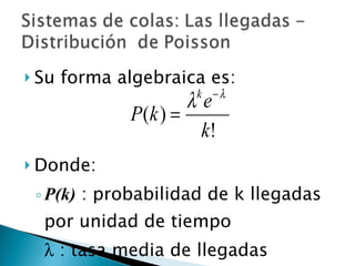 Su forma algebraica es: Donde: P(k)  : probabilidad de k llegadas por unidad de tiempo    : tasa media de llegadas e  =  2,7182818… 