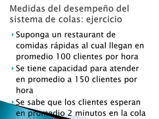 Suponga un restaurant de comidas rápidas al cual llegan en promedio 100 clientes por hora Se tiene capacidad para atender en promedio a 150 clientes por hora Se sabe que los clientes esperan en promedio 2 minutos en la cola Calcule las medidas de desempeño del sistema 