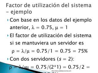 Con base en los datos del ejemplo anterior,    = 0.75,    = 1 El factor de utilización del sistema si se mantuviera un servidor es    =   /   = 0.75/1 = 0.75 = 75% Con dos servidores ( s  = 2):    =   / s   = 0.75/(2*1) = 0.75/2 = 37,5% http://www.auladeeconomia.com 