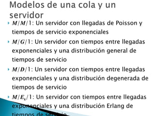 M / M /1: Un servidor con llegadas de Poisson y tiempos de servicio exponenciales M / G /1: Un servidor con tiempos entre llegadas exponenciales y una distribución general de tiempos de servicio M / D /1: Un servidor con tiempos entre llegadas exponenciales y una distribución degenerada de tiempos de servicio M / E k /1: Un servidor con tiempos entre llegadas exponenciales y una distribución Erlang de tiempos de servicio 