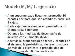 A un supermercado llegan en promedio 80 clientes por hora que son atendidos entre sus 5 cajas. Cada caja puede atender en promedio a un cliente cada 3 minutos Obtenga las medidas de desempeño de acuerdo con el modelo M/M/1 Además la probabilidad de tener 2 clientes en el sistema, la probabilidad de tener una cola de más de 4 clientes y la probabilidad de esperar más de 10 min. en la cola 