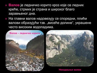 



Валов је ледничко корито кроз које се ледник
креће, стрмих је страна и широког благо
заравњеног дна.
На главни валов надовезују се споредни, плићи
валови образујући тзв. „висеће долине“, украшене
често високим водопадима.
Валов – ледничко корито

Некадашњи валов

 