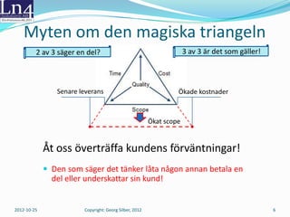 Myten om projekttriangeln
         2 av 3 säger en del?                                        3 av 3 är det som gäller!



                Senare leverans                                  Ökade kostnader



                                                        Ökat scope


             ”Vi överträffar kundens förväntningar!”
              Den som säger det, tänker låta någon annan betala
               en del eller underskattar sin kund!

2012-10-25              Copyright: Georg Silber, 2012                                            6
 