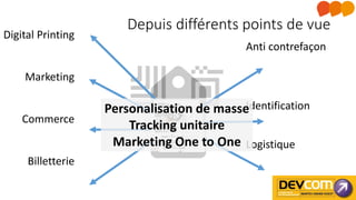 Logistique
Anti contrefaçon
Identification
Depuis différents points de vue
Personalisation de masse
Tracking unitaire
Marketing One to One
Billetterie
Commerce
Marketing
Digital Printing
 