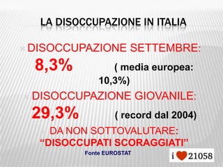 LA DISOCCUPAZIONE IN ITALIA

 DISOCCUPAZIONE        SETTEMBRE:
  8,3%            ( media europea:
               10,3%)
 DISOCCUPAZIONE            GIOVANILE:
 29,3%              ( record dal 2004)
    DA NON SOTTOVALUTARE:
   “DISOCCUPATI SCORAGGIATI”
           Fonte EUROSTAT
 