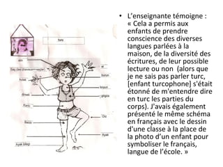 • L’enseignante témoigne :
« Cela a permis aux
enfants de prendre
conscience des diverses
langues parlées à la
maison, de la diversité des
écritures, de leur possible
lecture ou non (alors que
je ne sais pas parler turc,
[enfant turcophone] s'était
étonné de m'entendre dire
en turc les parties du
corps). J'avais également
présenté le même schéma
en français avec le dessin
d'une classe à la place de
la photo d’un enfant pour
symboliser le français,
langue de l’école. »
 