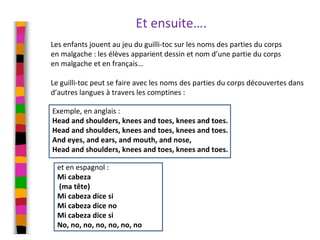 Les enfants jouent au jeu du guilli-toc sur les noms des parties du corps
en malgache : les élèves apparient dessin et nom d’une partie du corps
en malgache et en français…
Le guilli-toc peut se faire avec les noms des parties du corps découvertes dans
d’autres langues à travers les comptines :
Exemple, en anglais :
Head and shoulders, knees and toes, knees and toes.
Head and shoulders, knees and toes, knees and toes.
And eyes, and ears, and mouth, and nose,
Head and shoulders, knees and toes, knees and toes.
et en espagnol :
Mi cabeza
(ma tête)
Mi cabeza dice si
Mi cabeza dice no
Mi cabeza dice si
No, no, no, no, no, no, no
Et ensuite….
 
