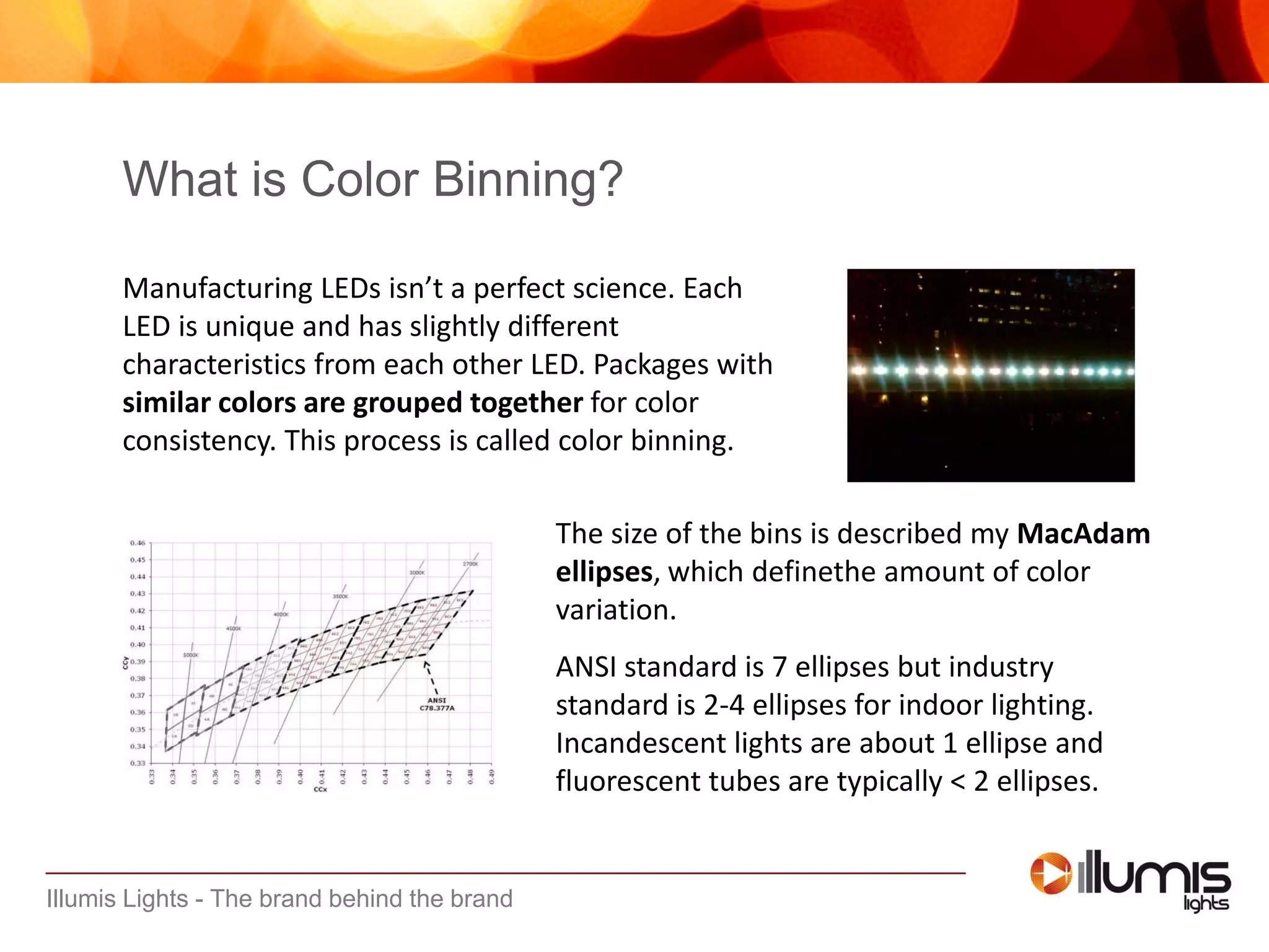 Illumis Lights - The brand behind the brand
What is Color Binning?
Manufacturing LEDs isn’t a perfect science. Each
LED is unique and has slightly different
characteristics from each other LED. Packages with
similar colors are grouped together for color
consistency. This process is called color binning.
The size of the bins is described my MacAdam
ellipses, which definethe amount of color
variation.
ANSI standard is 7 ellipses but industry
standard is 2-4 ellipses for indoor lighting.
Incandescent lights are about 1 ellipse and
fluorescent tubes are typically < 2 ellipses.
 