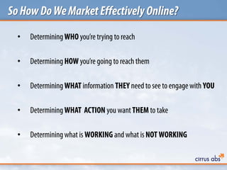 SoHowDoWeMarketEffectively Online?
• Determining WHO you’re trying to reach
• Determining HOW you’re going to reachthem
• Determining WHAT information THEY needto see to engagewith YOU
• Determining WHAT ACTION you want THEM to take
• Determiningwhat is WORKING and what is NOT WORKING
 