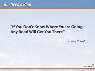 YouNeedaPlan
"If You Don't Know Where You're Going,
Any Road Will Get You There“
~Lewis Carroll
 