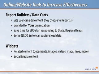 Online/WebsiteToolstoIncreaseEffectiveness
Report Builders / Data Carts
• Site user can add content they choose to Report(s)
• Brandedfor Your organization
• Save time for EDO staff responding to State, Regional leads
• Some (LEDO Suite) can capture lead data
Widgets
• Related content (documents, images, videos, maps, links, more)
• Social Media content
 