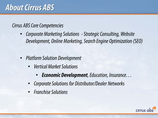 AboutCirrusABS
Cirrus ABSCore Competencies
• CorporateMarketing Solutions -StrategicConsulting, Website
Development, Online Marketing, SearchEngine Optimization (SEO)
• PlatformSolution Development
• VerticalMarketSolutions
• EconomicDevelopment,Education, Insurance…
• CorporateSolutions forDistributor/Dealer Networks
• FranchiseSolutions
 