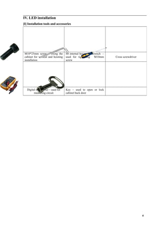 IV. LED installation
[I] Installation tools and accessories
M10*25mm screw – fixing the
cabinet for vertical and hoisting
installation
S8 internal hexagonal wrench –
used for tightening M10mm
screw
Cross screwdriver
Digital multimeter – used for
measuring circuit
Key – used to open or lock
cabinet back door
6
 