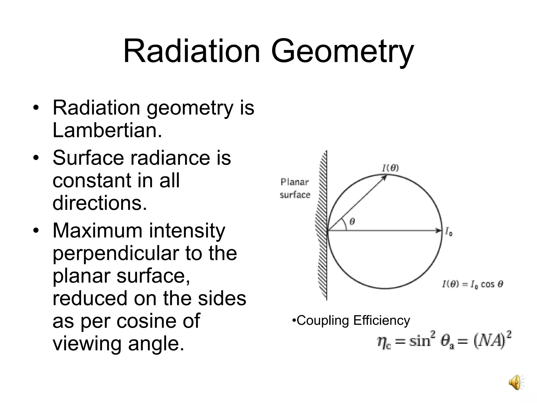 Radiation Geometry
• Radiation geometry is
Lambertian.
• Surface radiance is
constant in all
directions.
• Maximum intensity
perpendicular to the
planar surface,
reduced on the sides
as per cosine of
viewing angle.
•Coupling Efficiency
 