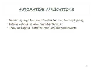 AUTOMATİVE APPLİCATİONS Interior Lighting - Instrument Panels & Switches, Courtesy Lighting  Exterior Lighting - CHMSL, Rear Stop/Turn/Tail  Truck/Bus Lighting - Retrofits, New Turn/Tail/Marker Lights 