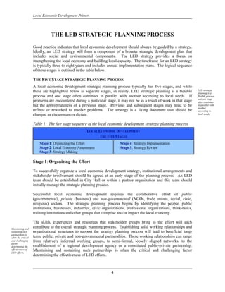 Local Economic Development Primer




                                THE LED STRATEGIC PLANNING PROCESS
                     Good practice indicates that local economic development should always be guided by a strategy.
                     Ideally, an LED strategy will form a component of a broader strategic development plan that
                     includes social and environmental components. The LED strategy provides a focus on
                     strengthening the local economy and building local capacity. The timeframe for an LED strategy
                     is typically three to eight years and includes annual implementation plans. The logical sequence
                     of these stages is outlined in the table below.

                     THE FIVE STAGE STRATEGIC PLANNING PROCESS
                     A local economic development strategic planning process typically has five stages, and while
                                                                                                                           LED strategic
                     these are highlighted below as separate stages, in reality, LED strategic planning is a flexible      planning is a
                     process and one stage often continues in parallel with another according to local needs. If           flexible process
                                                                                                                           and one stage
                     problems are encountered during a particular stage, it may not be as a result of work in that stage   often continues
                     but the appropriateness of a previous stage. Previous and subsequent stages may need to be            in parallel with
                                                                                                                           another
                     refined or reworked to resolve problems. The strategy is a living document that should be             according to
                     changed as circumstances dictate.                                                                     local needs.


                     Table 1: The five stage sequence of the local economic development strategic planning process
                                                      LOCAL ECONOMIC DEVELOPMENT
                                                             THE FIVE STAGES
                         Stage 1: Organizing the Effort                    Stage 4: Strategy Implementation
                         Stage 2: Local Economy Assessment                 Stage 5: Strategy Review
                         Stage 3: Strategy Making

                     Stage 1: Organizing the Effort

                     To successfully organize a local economic development strategy, institutional arrangements and
                     stakeholder involvement should be agreed at an early stage of the planning process. An LED
                     team should be established in City Hall or within a partner organization and this team should
                     initially manage the strategic planning process.

                     Successful local economic development requires the collaborative effort of public
                     (governmental), private (business) and non-governmental (NGOs, trade unions, social, civic,
                     religious) sectors. The strategic planning process begins by identifying the people, public
                     institutions, businesses, industries, civic organizations, professional organizations, think-tanks,
                     training institutions and other groups that comprise and/or impact the local economy.

                     The skills, experiences and resources that stakeholder groups bring to the effort will each
Maintaining and
                     contribute to the overall strategic planning process. Establishing solid working relationships and
sustaining such      organizational structures to support the strategy planning process will lead to beneficial long-
partnerships is
often the critical   term, public, private and non-governmental partnerships. These working relationships can range
and challenging      from relatively informal working groups, to semi-formal, loosely aligned networks, to the
factor
determining the      establishment of a regional development agency or a constituted public-private partnership.
effectiveness of     Maintaining and sustaining such partnerships is often the critical and challenging factor
LED efforts.
                     determining the effectiveness of LED efforts.



                                                                     4
 