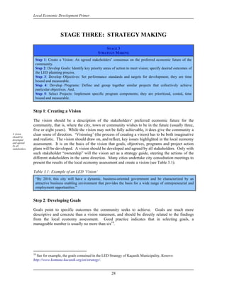 Local Economic Development Primer




                                 STAGE THREE: STRATEGY MAKING

                                                              STAGE 3
                                                          STRATEGY MAKING
                 Step 1: Create a Vision: An agreed stakeholders’ consensus on the preferred economic future of the
                 community.
                 Step 2: Develop Goals: Identify key priority areas of action to meet vision; specify desired outcomes of
                 the LED planning process.
                 Step 3: Develop Objectives: Set performance standards and targets for development; they are time
                 bound and measurable.
                 Step 4: Develop Programs: Define and group together similar projects that collectively achieve
                 particular objectives. And,
                 Step 5: Select Projects: Implement specific program components; they are prioritized, costed, time
                 bound and measurable.


                Step 1: Creating a Vision

                The vision should be a description of the stakeholders’ preferred economic future for the
                community, that is, where the city, town or community wishes to be in the future (usually three,
                five or eight years). While the vision may not be fully achievable, it does give the community a
A vision        clear sense of direction. ‘Visioning’ (the process of creating a vision) has to be both imaginative
should be
developed       and realistic. The vision should draw on, and reflect, key issues highlighted in the local economy
and agreed      assessment. It is on the basis of the vision that goals, objectives, programs and project action
by all
stakeholders.   plans will be developed. A vision should be developed and agreed by all stakeholders. Only with
                such stakeholder “ownership” will the vision act as a strategy guide, steering the actions of the
                different stakeholders in the same direction. Many cities undertake city consultation meetings to
                present the results of the local economy assessment and create a vision (see Table 3.1).

                Table 3.1: Example of an LED ‘Vision’
                 “By 2010, this city will have a dynamic, business-oriented government and be characterized by an
                 attractive business enabling environment that provides the basis for a wide range of entrepreneurial and
                 employment opportunities.”


                Step 2: Developing Goals

                Goals point to specific outcomes the community seeks to achieve. Goals are much more
                descriptive and concrete than a vision statement, and should be directly related to the findings
                from the local economy assessment. Good practice indicates that in selecting goals, a
                manageable number is usually no more than six18.




                18
                  See for example, the goals contained in the LED Strategy of Kaçanik Municipality, Kosovo
                http://www.komuna-kacanik.org/en/strategy/.


                                                                   28
 