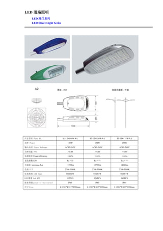 LED 道路照明
      LED 路灯系列
      LED Street Light Series




产品型号 Part NO.                   SL-LD-140W-AA     SL-LD-158W-AA       SL-LD-175W-AA

功率 Power                            140W              158W                175W

输入电压 Input Voltage                AC85-265V         AC85-265V           AC85-265V

功率因素 PFC                            ＞0.95             ＞0.95               ＞0.95

电源效率 Power efficiency              ＞88%               ＞88%                ＞88%

显色指数 CRI                           Ra＞75             Ra＞75               Ra＞75

光通量 luminous flux                  11250lm           12790lm             14040lm

色温 CCT                           2700-5500K         2700-5500K          2700-5500K

灯珠类型 LED type                      SMD 1W            SMD 1W              SMD 1W

LED 数量 led QTY                     112PCS            126PCS              140PCS

防水等级 grade of waterproof            IP65               IP65                IP65

尺寸 Size                     L1036*W483*H200mm   L1036*W483*H200mm   L1036*W483*H200mm
 
