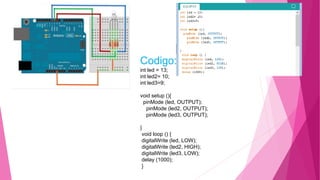 Codigo:
int led = 13;
int led2= 10;
int led3=9;
void setup (){
pinMode (led, OUTPUT);
pinMode (led2, OUTPUT);
pinMode (led3, OUTPUT);
}
void loop () {
digitalWrite (led, LOW);
digitalWrite (led2, HIGH);
digitalWrite (led3, LOW);
delay (1000);
}
 